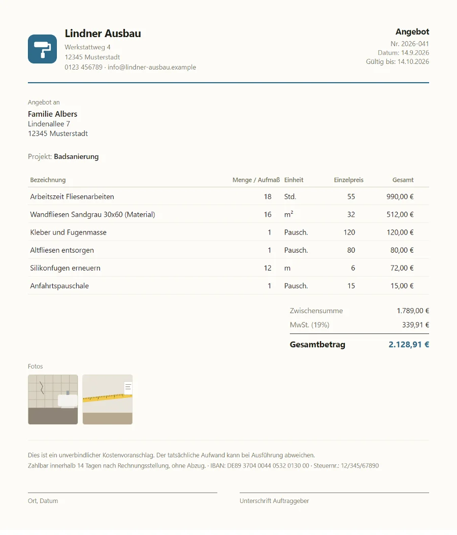 Fertiges Angebot als PDF mit Logo, Positionen, Gesamtbetrag und zwei Fotos vom Zustand vorher.